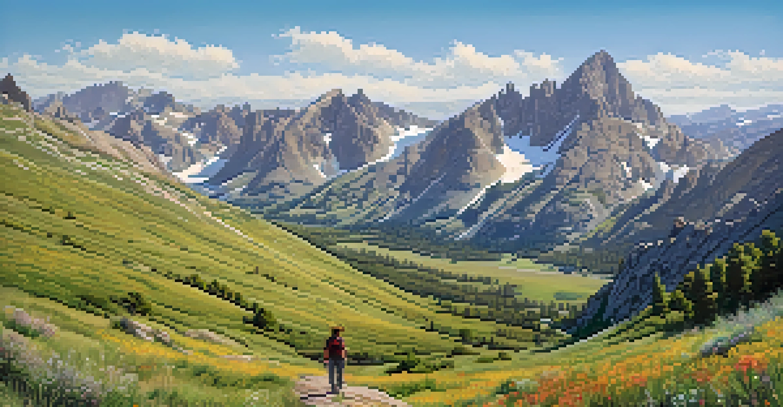 A scenic view of the Ruby Mountains with wildflowers and a hiker on a trail.