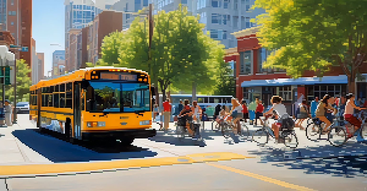 A lively street scene in Reno with a bus and people using bikes for transit.
