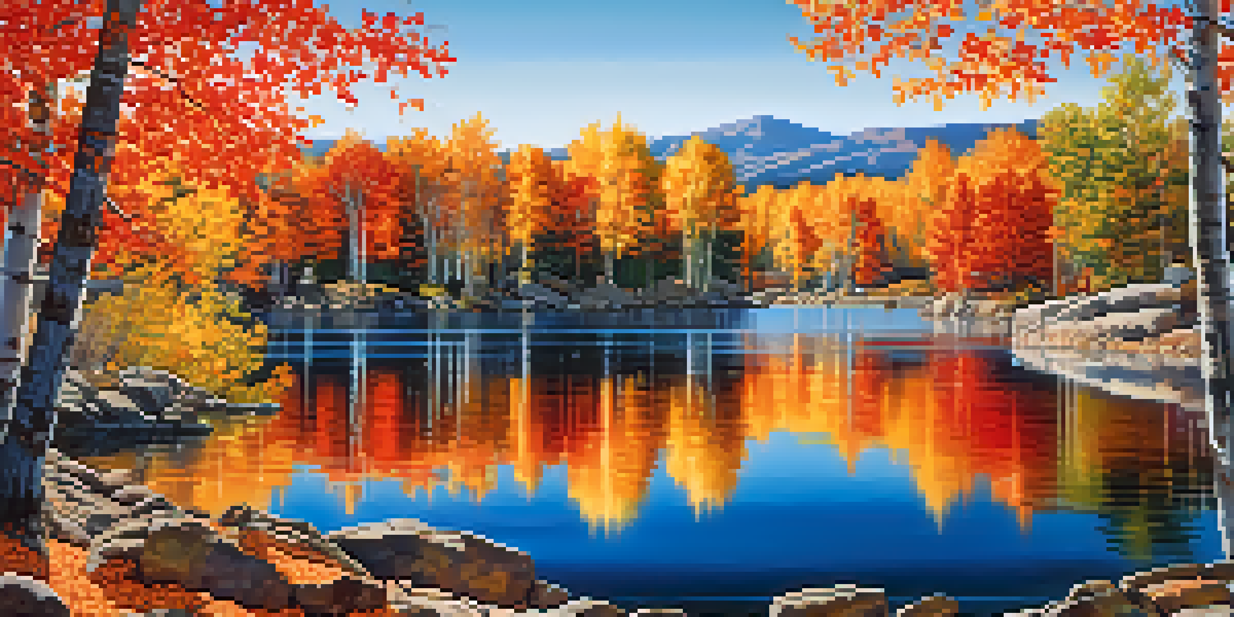 A colorful autumn scene at Washoe Lake with vibrant leaves and reflections on the water.
