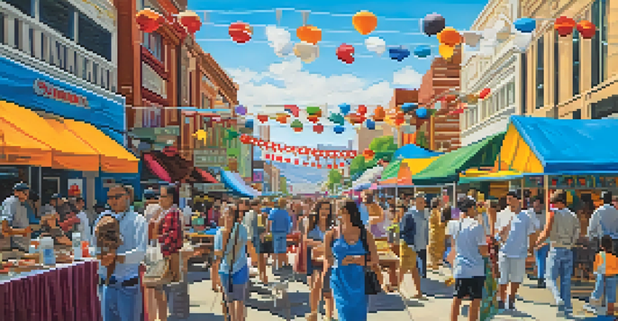 A lively street scene in Reno during the Artown Festival with art installations and a diverse crowd enjoying the events.