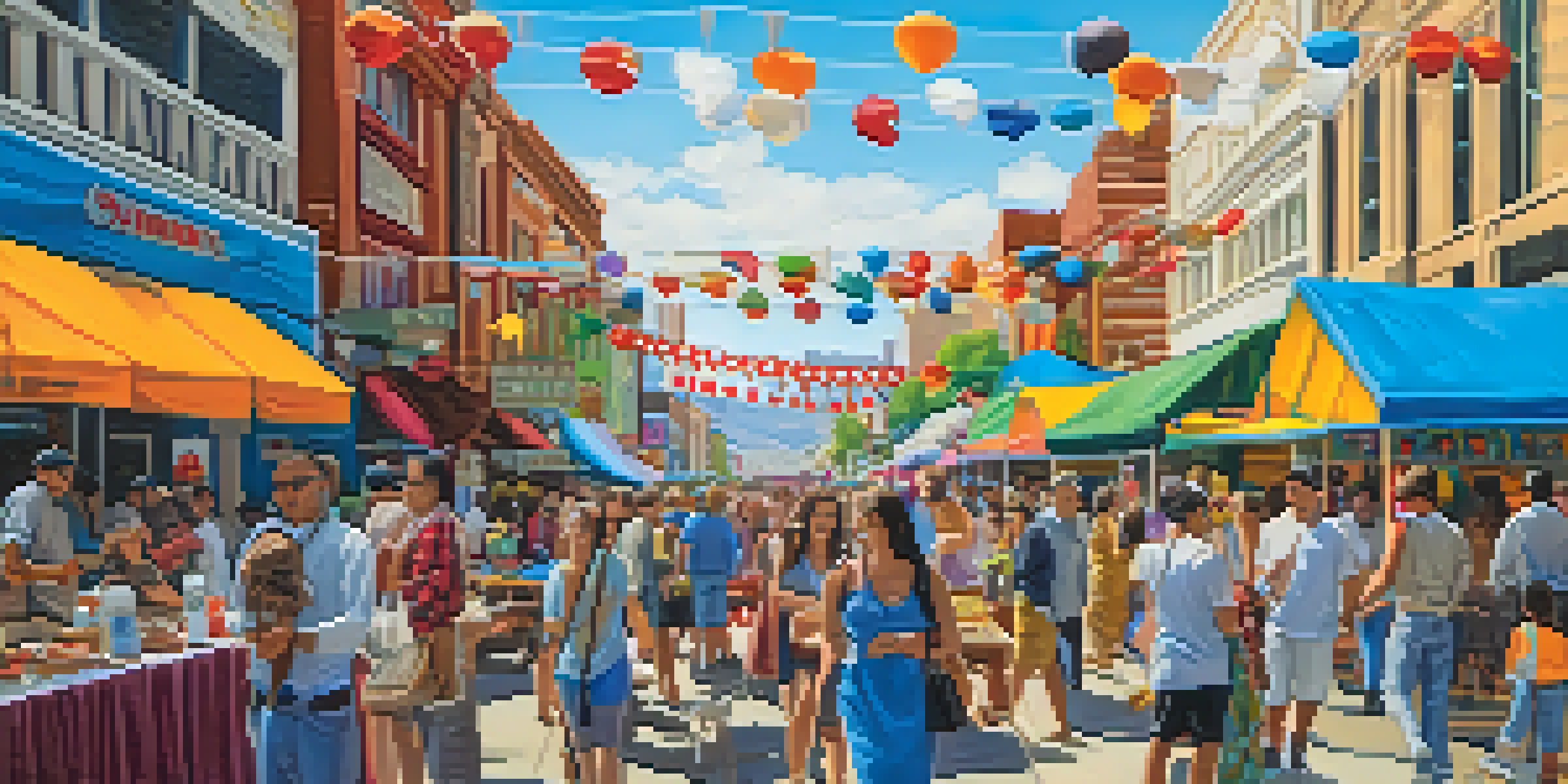 A lively street scene in Reno during the Artown Festival with art installations and a diverse crowd enjoying the events.