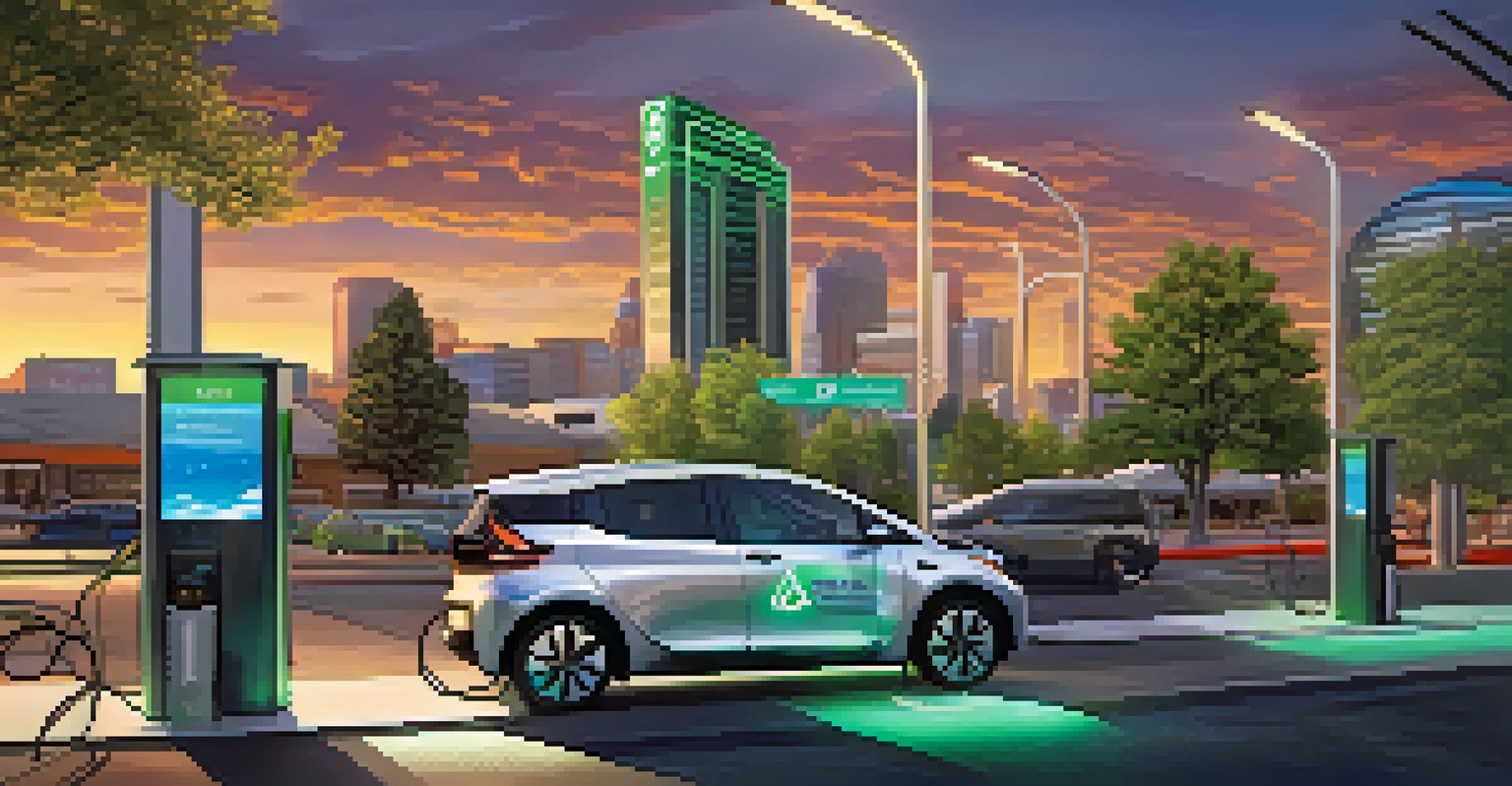 A futuristic ride-sharing vehicle charging at an electric station in a modern Reno cityscape with greenery.