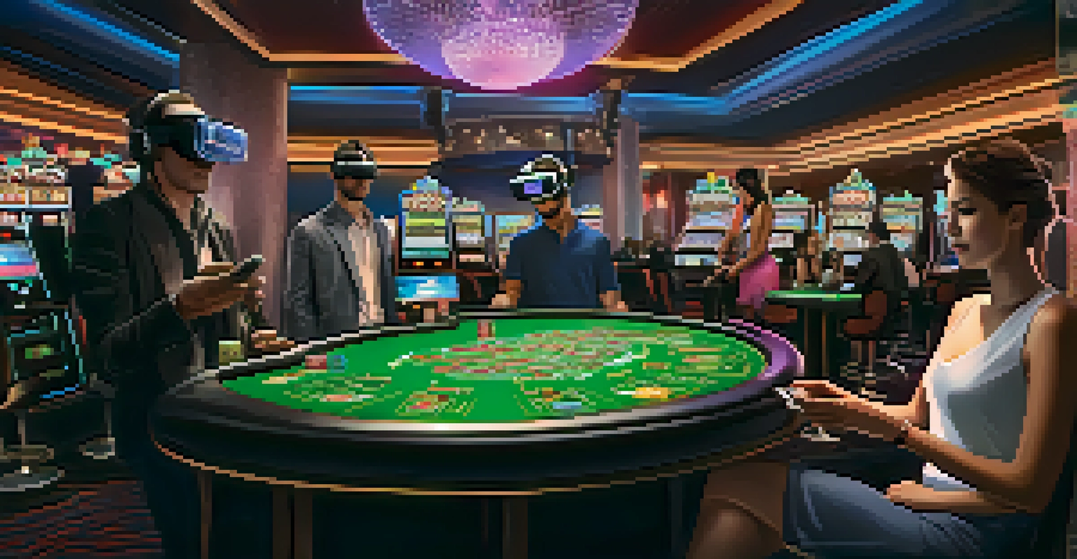 A futuristic virtual reality casino environment with players using VR headsets and advanced gaming technology.
