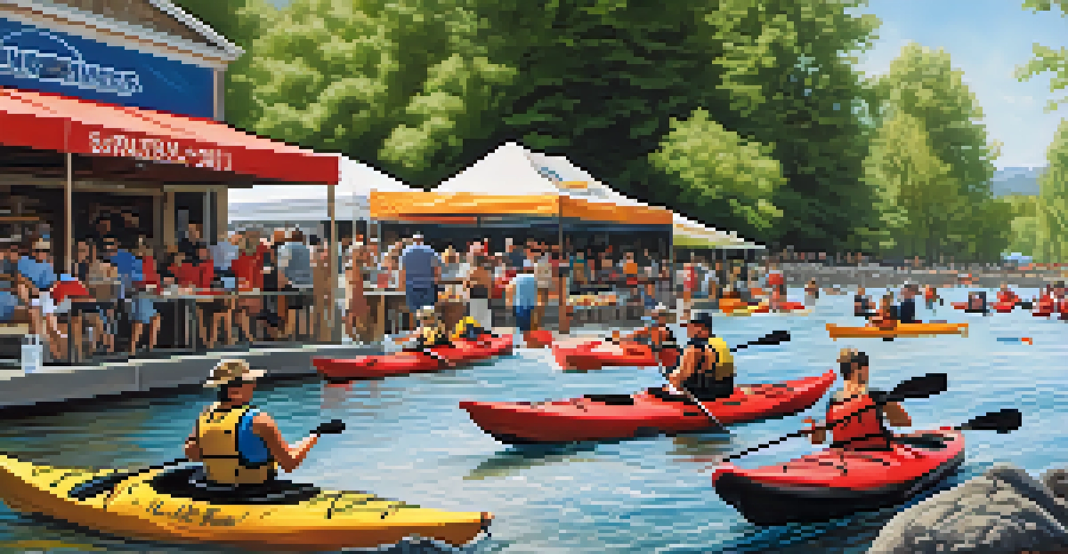 Kayakers navigating rapids at a festival with food vendors and spectators enjoying the atmosphere.