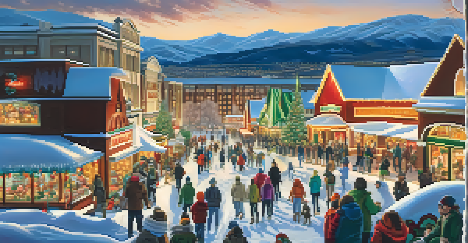 A winter scene in Reno with snow-covered mountains, people skiing, and a festive holiday market in the background.