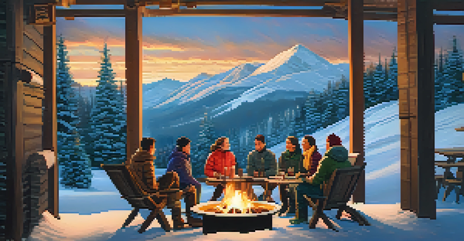 A cozy après-ski gathering with friends around a fire pit, against a sunset backdrop over snow-covered mountains.