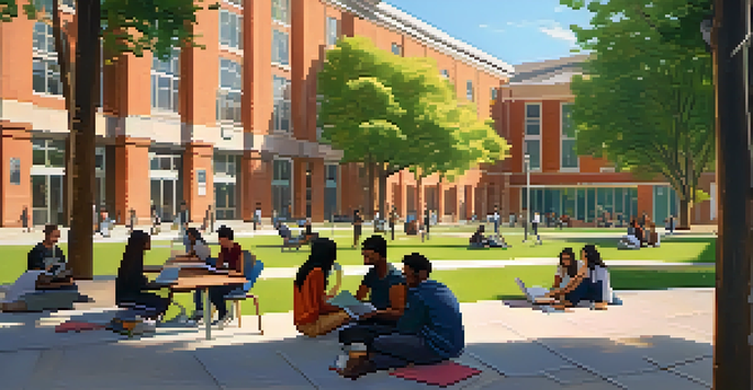 A diverse group of students collaborating on a laptop outside a university building, surrounded by books and greenery in warm sunlight.