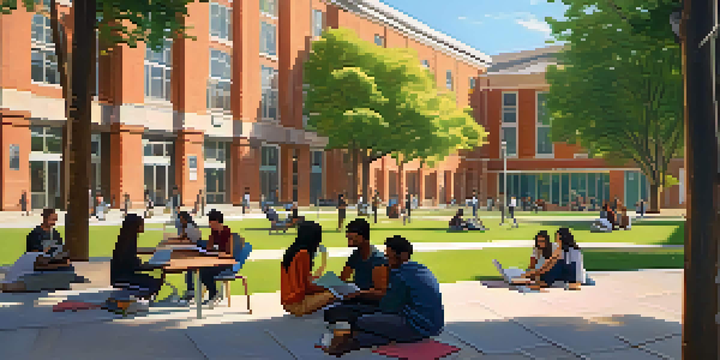 A diverse group of students collaborating on a laptop outside a university building, surrounded by books and greenery in warm sunlight.