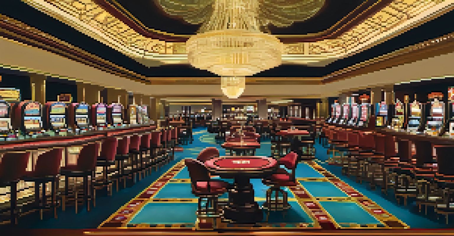 An elegant casino interior with patrons playing games and luxurious decor.