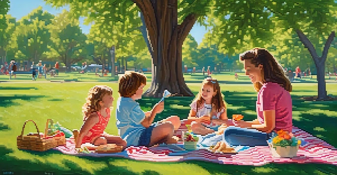 A family having a picnic in a green park in Reno, with children playing and parents relaxing under a blue sky.