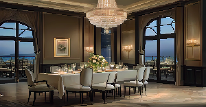 An elegantly set dining table with candlelight and fresh flowers in a luxurious restaurant ambiance.