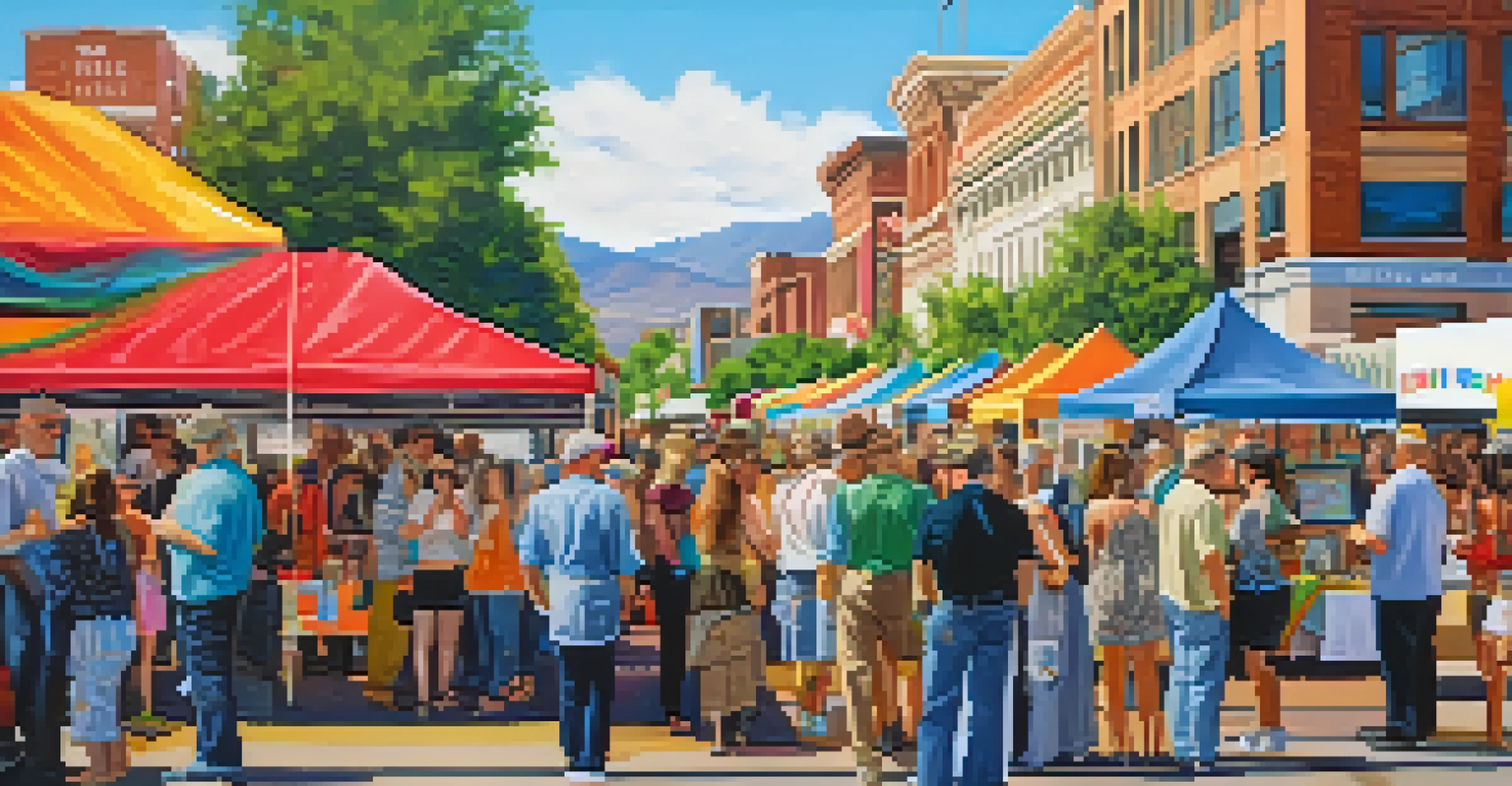 An engaging community arts festival in Reno showcasing local artists and their colorful booths with visitors enjoying the creative atmosphere and downtown architecture in the background.