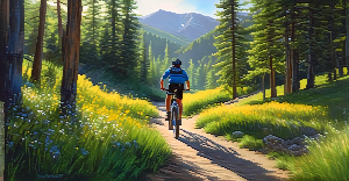 A mountain biker navigating a scenic trail with trees and wildflowers in a sunny setting.
