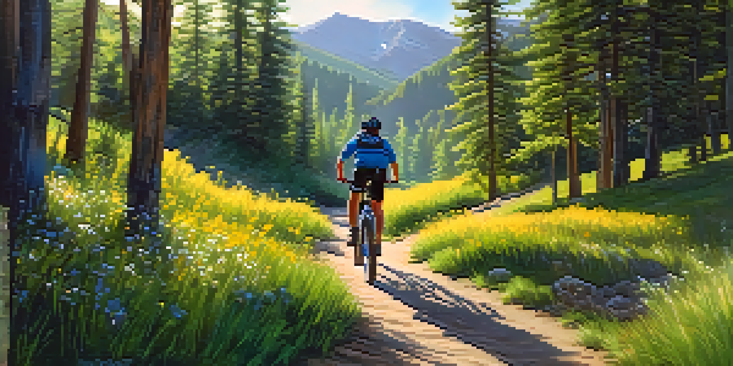 A mountain biker navigating a scenic trail with trees and wildflowers in a sunny setting.