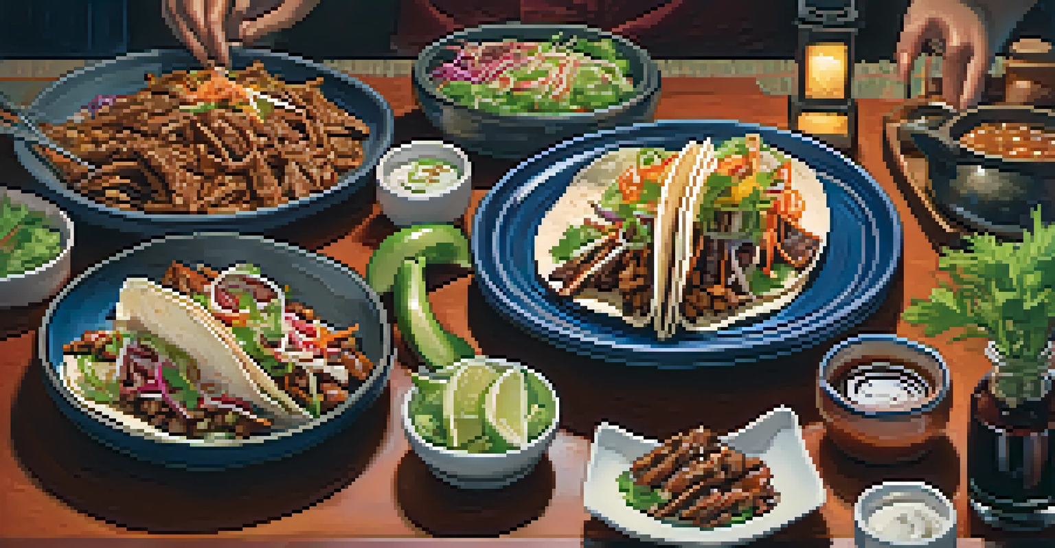 A plate of Korean BBQ tacos with fresh ingredients in a cozy tavern setting.