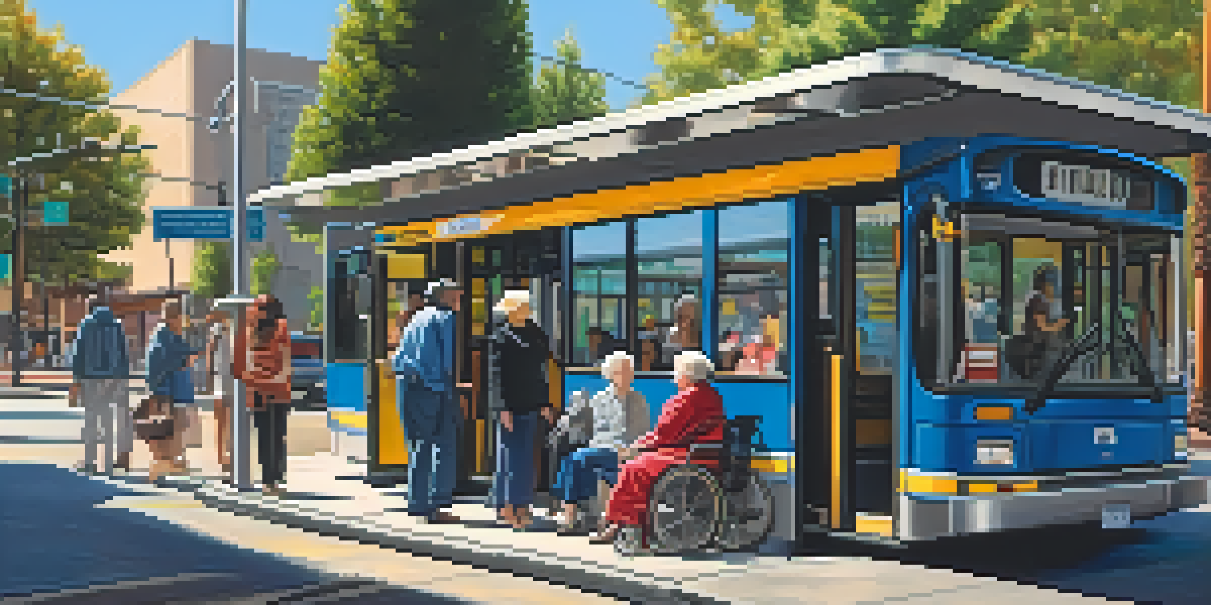 A busy bus stop in Reno with diverse individuals, including an elderly man with a cane, a young woman in a wheelchair, and a mother with a stroller, under a bright afternoon sun.