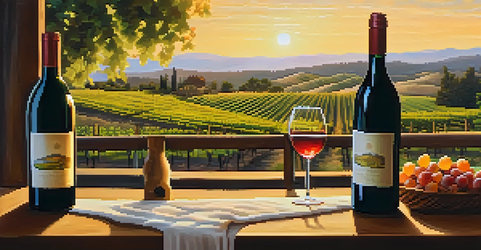 A serene wine tasting setup at a vineyard during sunset, with glasses of wine and scenic views.