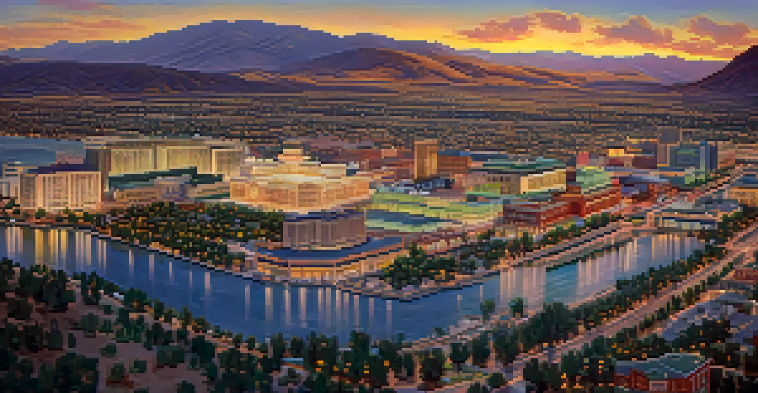 An aerial view of 1930s Reno showcasing newly built casinos and hotels with the Truckee River and a sunset in the background.