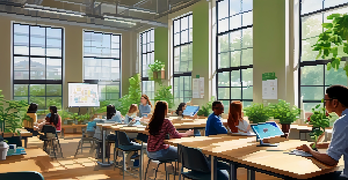 A bright university classroom with diverse students working together on a STEM project, surrounded by modern technology and natural light.