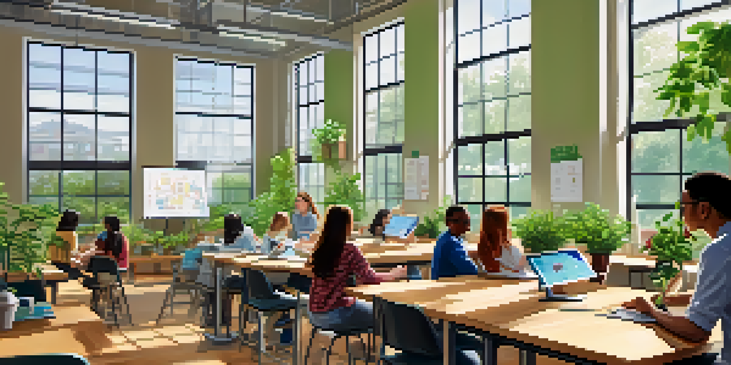 A bright university classroom with diverse students working together on a STEM project, surrounded by modern technology and natural light.
