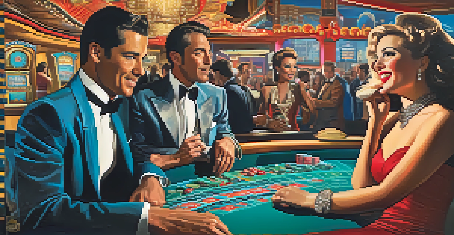 A collage of iconic figures from Reno's gambling history against a colorful skyline backdrop.