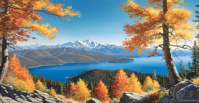 A panoramic view from the summit of Mount Rose showcasing autumn foliage, wildflowers, and Lake Tahoe with mountains in the background.