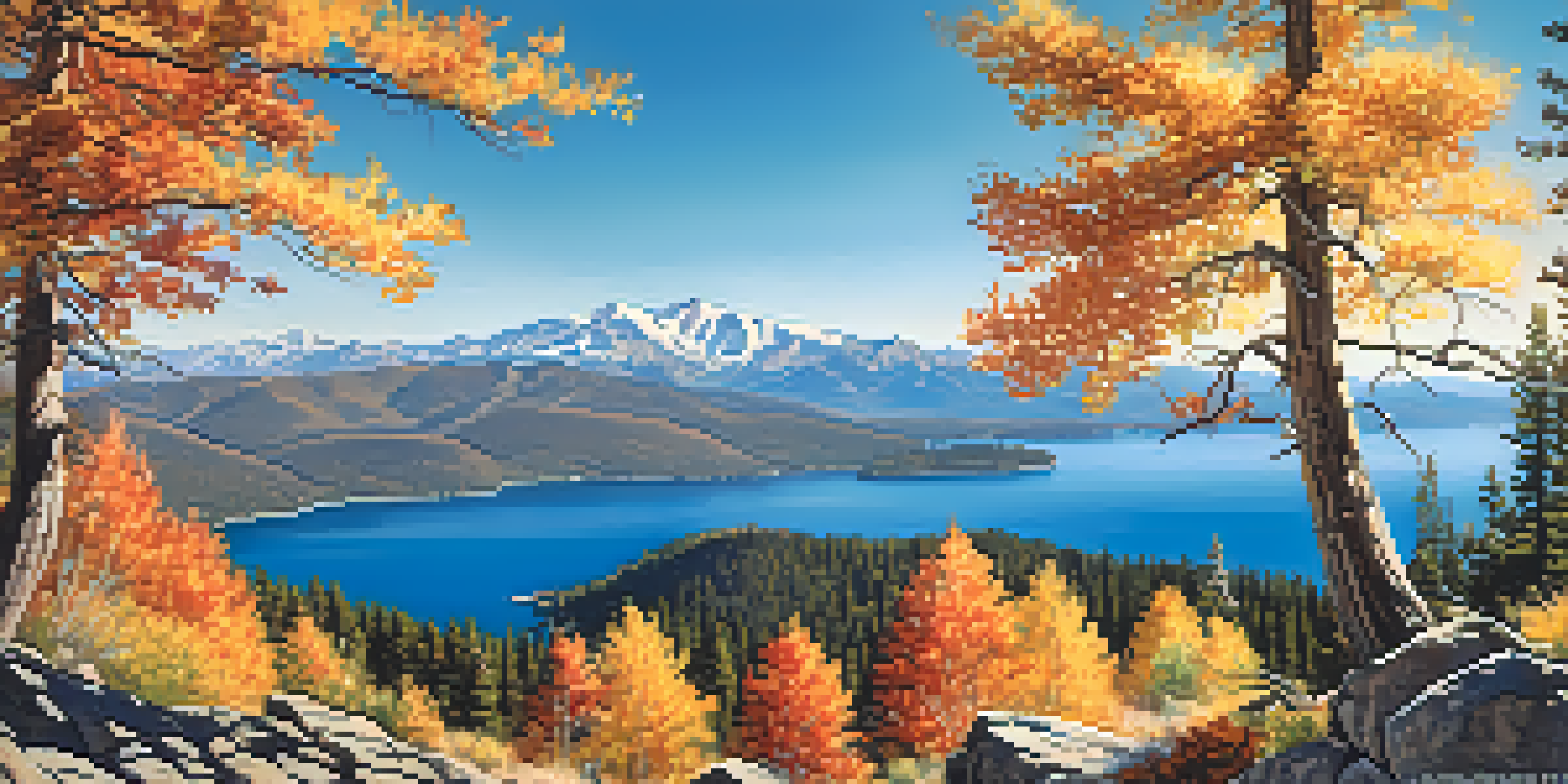 A panoramic view from the summit of Mount Rose showcasing autumn foliage, wildflowers, and Lake Tahoe with mountains in the background.