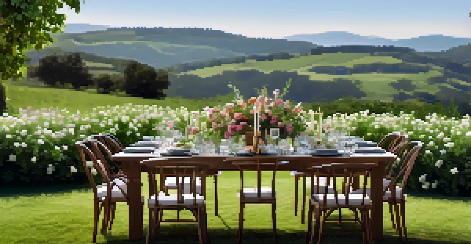 An outdoor dining setup at a farm, with a long table and beautiful arrangements of seasonal dishes amidst greenery and flowers.