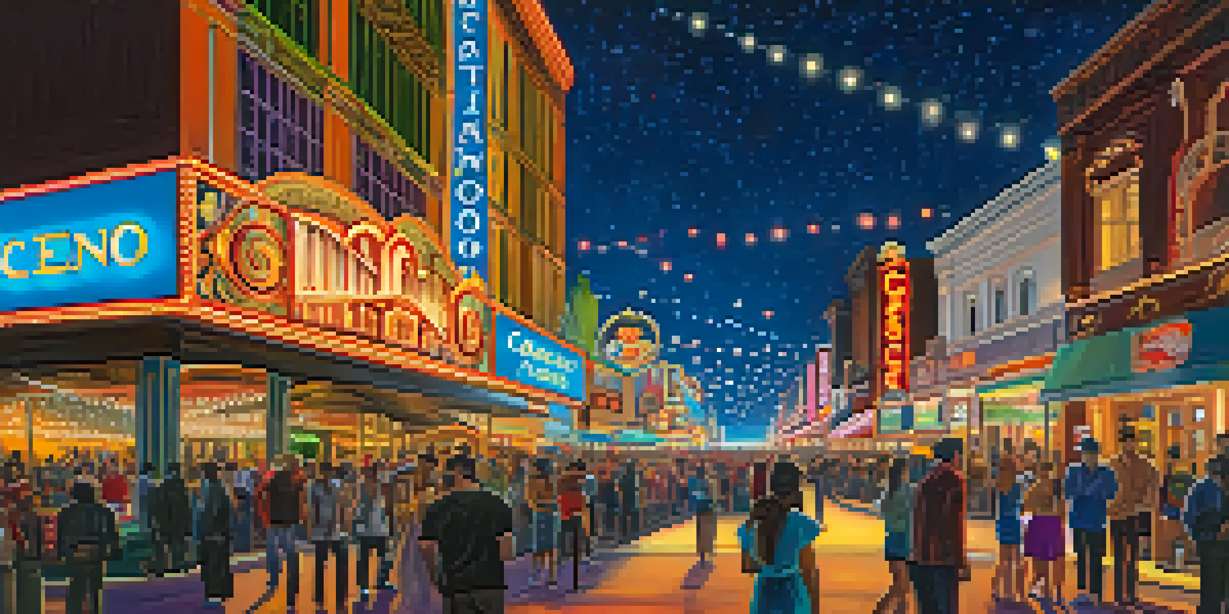 A lively night scene in Reno with a busy casino illuminated by neon lights and diverse tourists enjoying street performances.