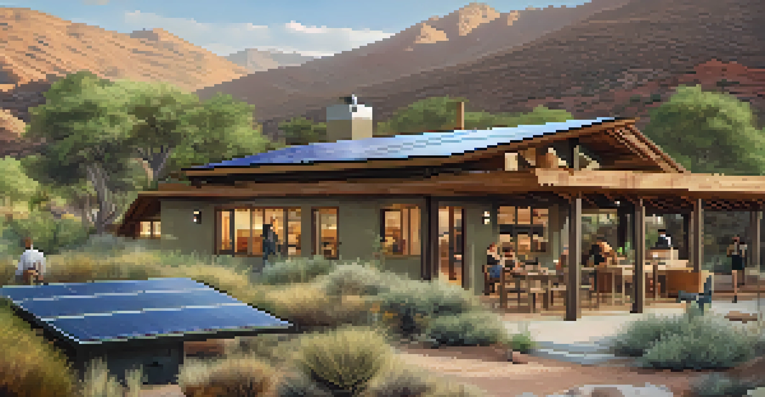 An eco-friendly lodge in Reno's mountains with solar panels, surrounded by greenery and tourists enjoying the outdoor space.