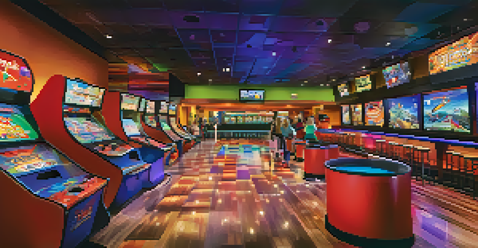 A family-friendly scene at Wildfire Casino with children and adults enjoying arcade games and bowling in a colorful environment.