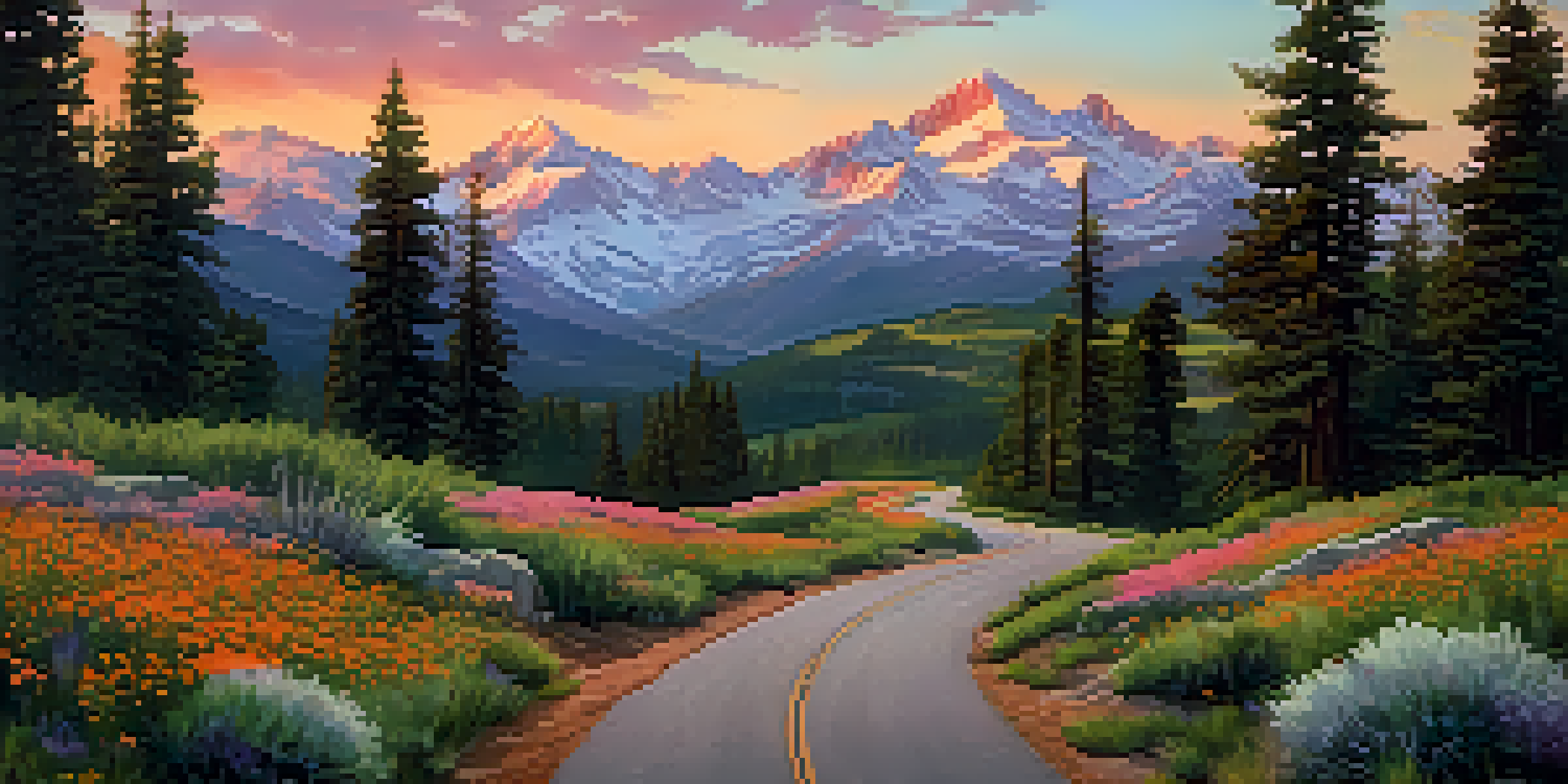 A scenic sunset view of the Sierra Nevada mountains with a winding road and colorful wildflowers in the foreground.