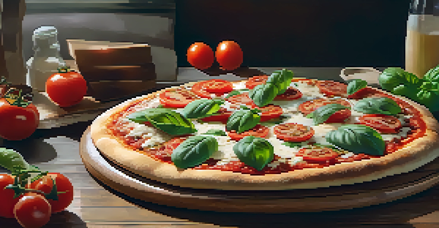 A freshly baked artisan pizza with basil and tomatoes on a wooden peel in a pizzeria.