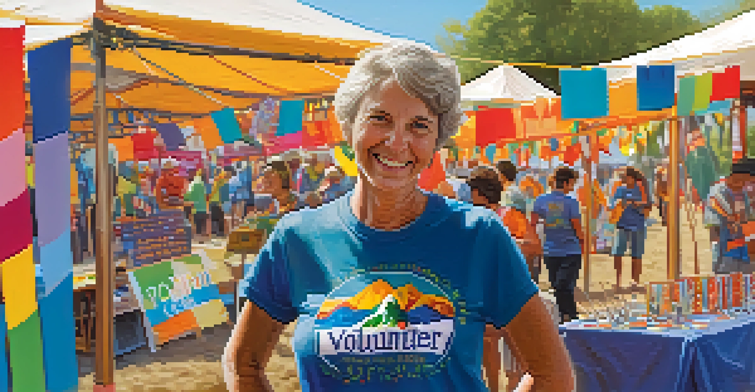 A cheerful volunteer in a colorful t-shirt setting up festival booths, surrounded by decorations and local art.