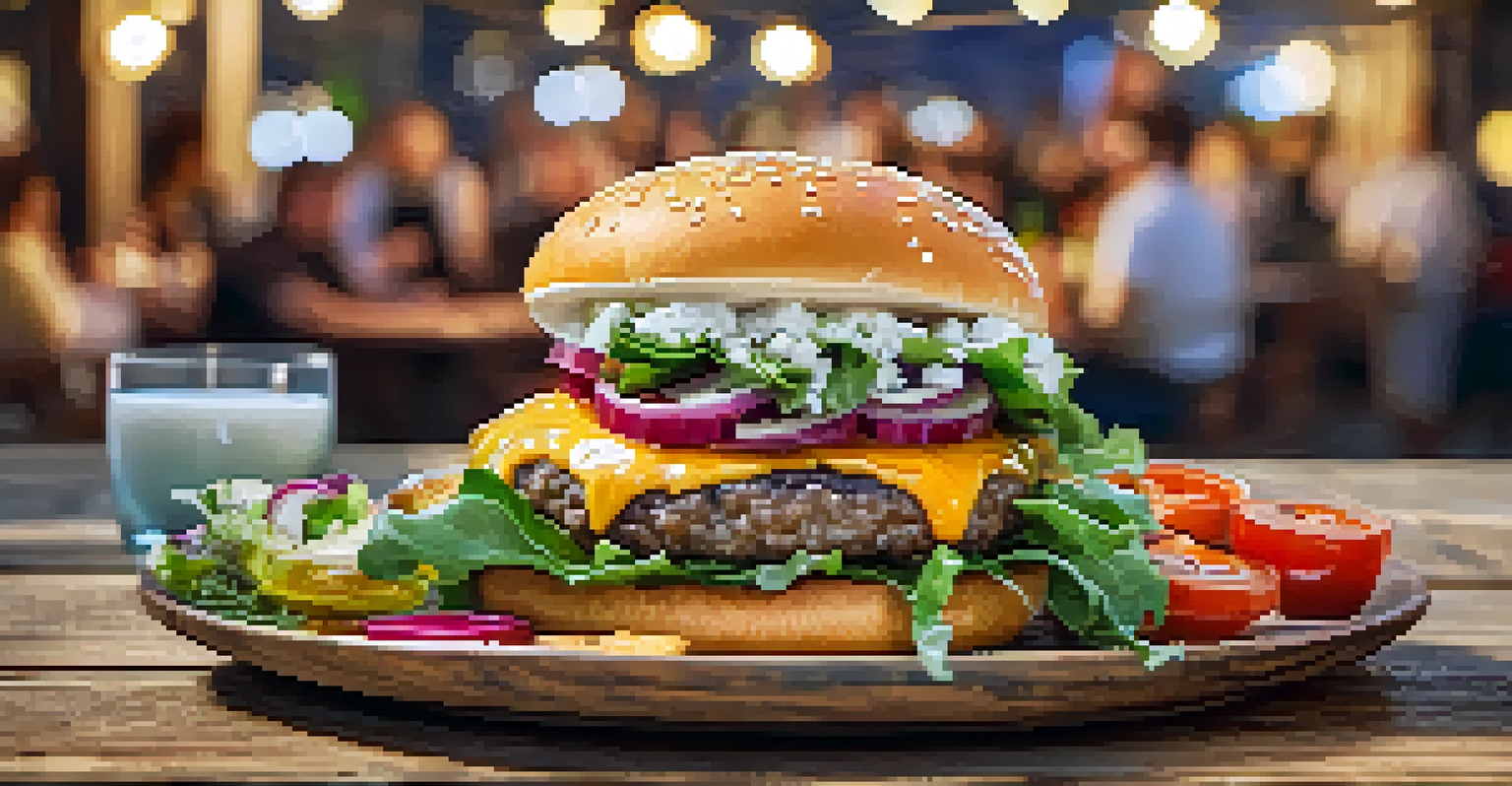 A close-up of a delicious grass-fed burger with fresh toppings on a rustic table, with a festival in the background.