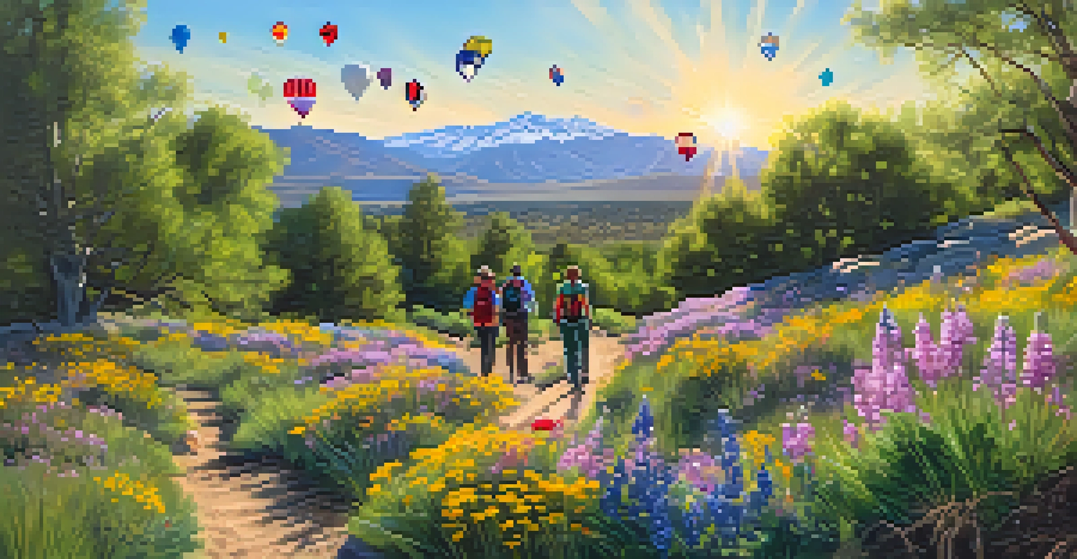 A spring scene in Reno with blooming wildflowers along hiking trails, Sierra Nevada mountains, and hikers enjoying the outdoors.