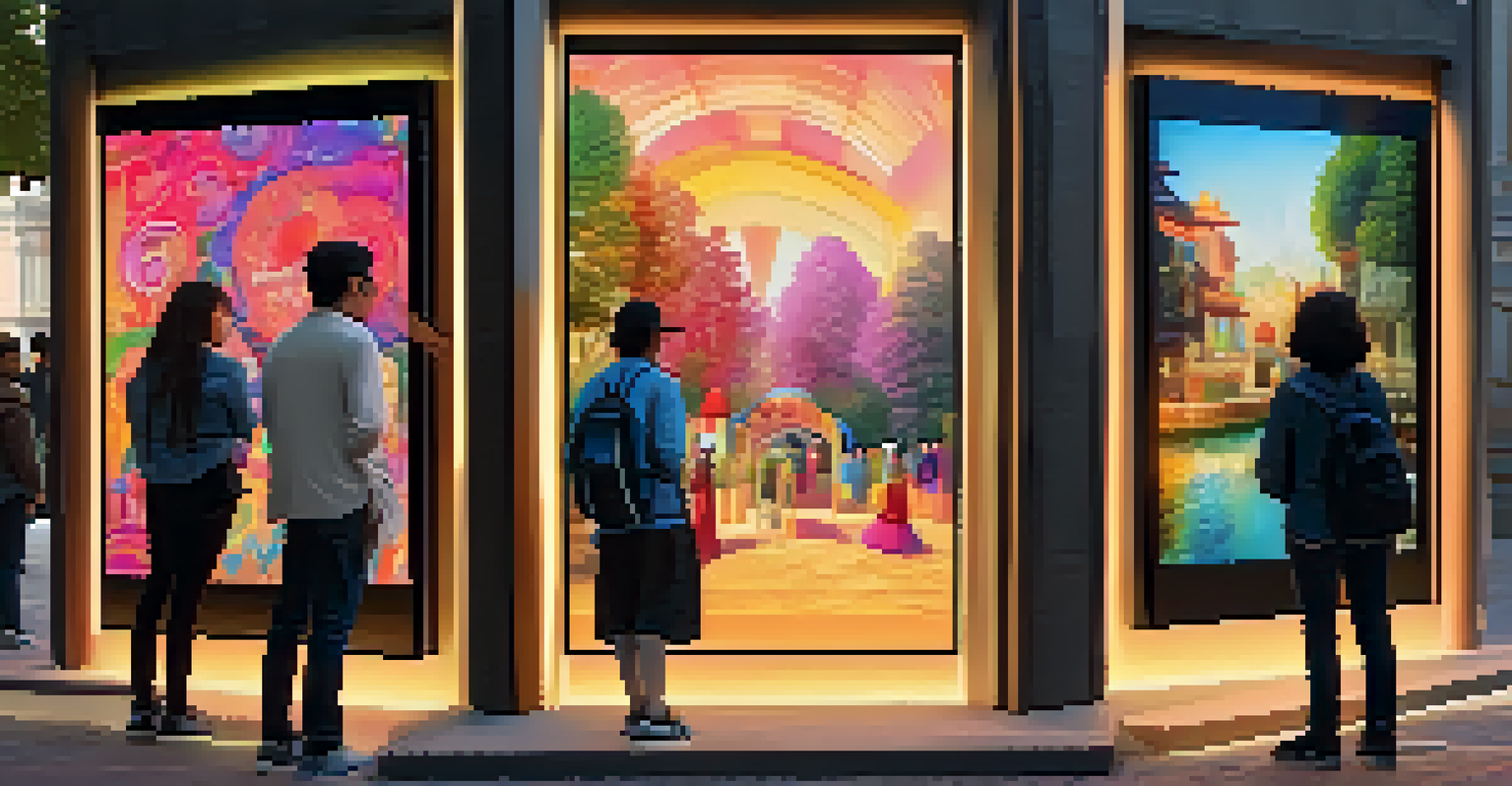 A digital art installation in a public space with interactive screens displaying vibrant visuals, illuminated by soft evening light.