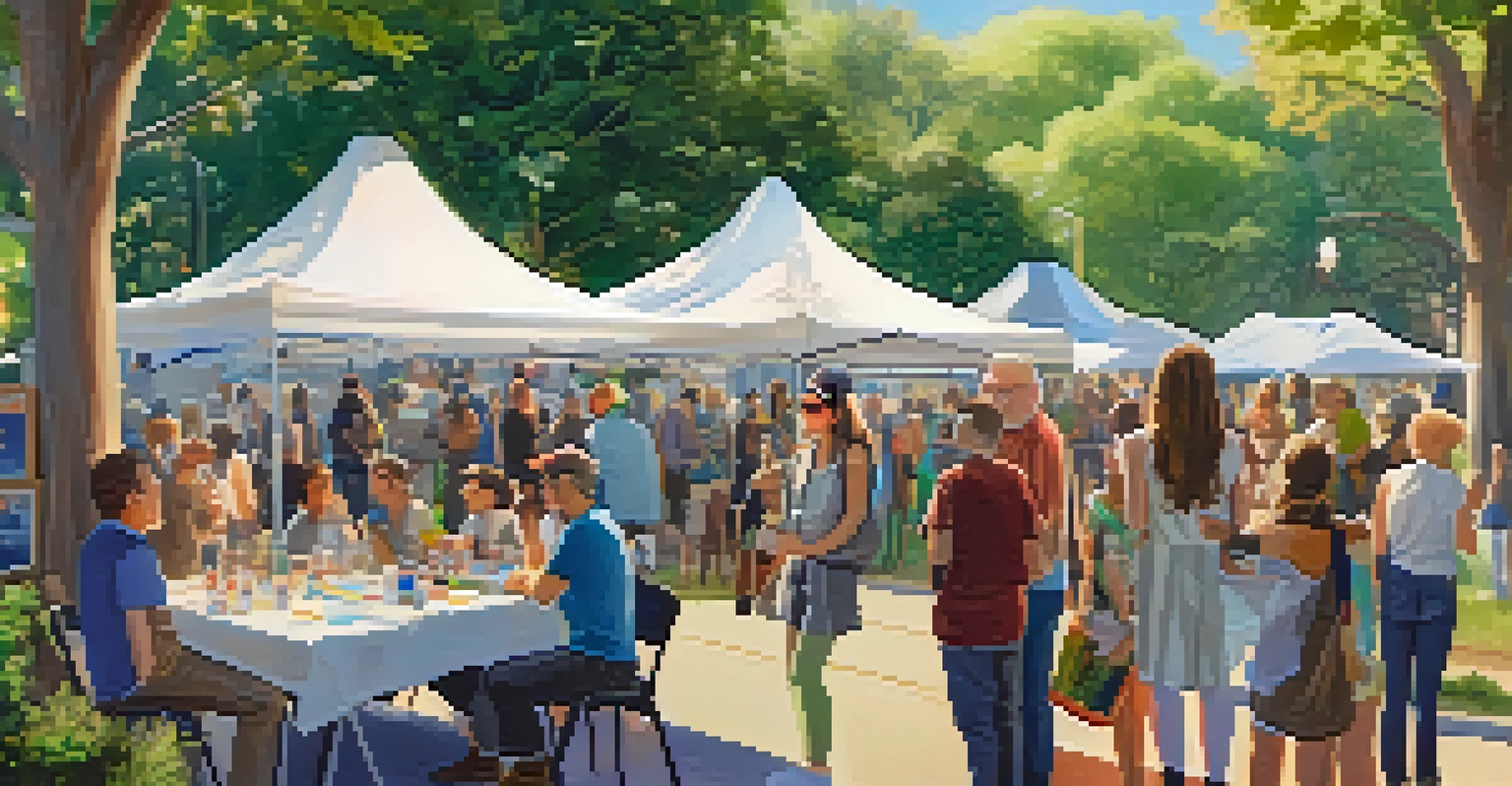 A vibrant community event where university researchers present sustainable practices to local residents, featuring colorful booths and engaged attendees.