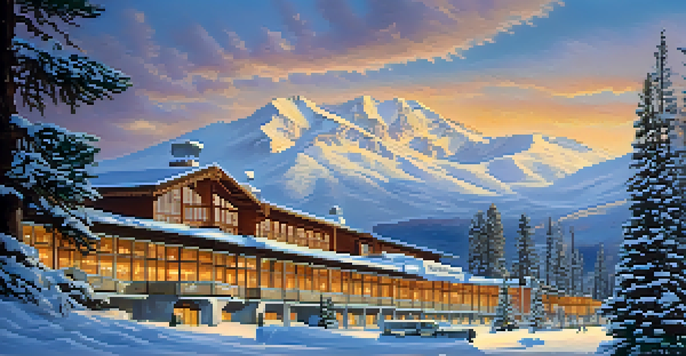 A winter landscape featuring the Sierra Nevada mountains, a cozy hotel with warm lights, and skiers on the slopes.