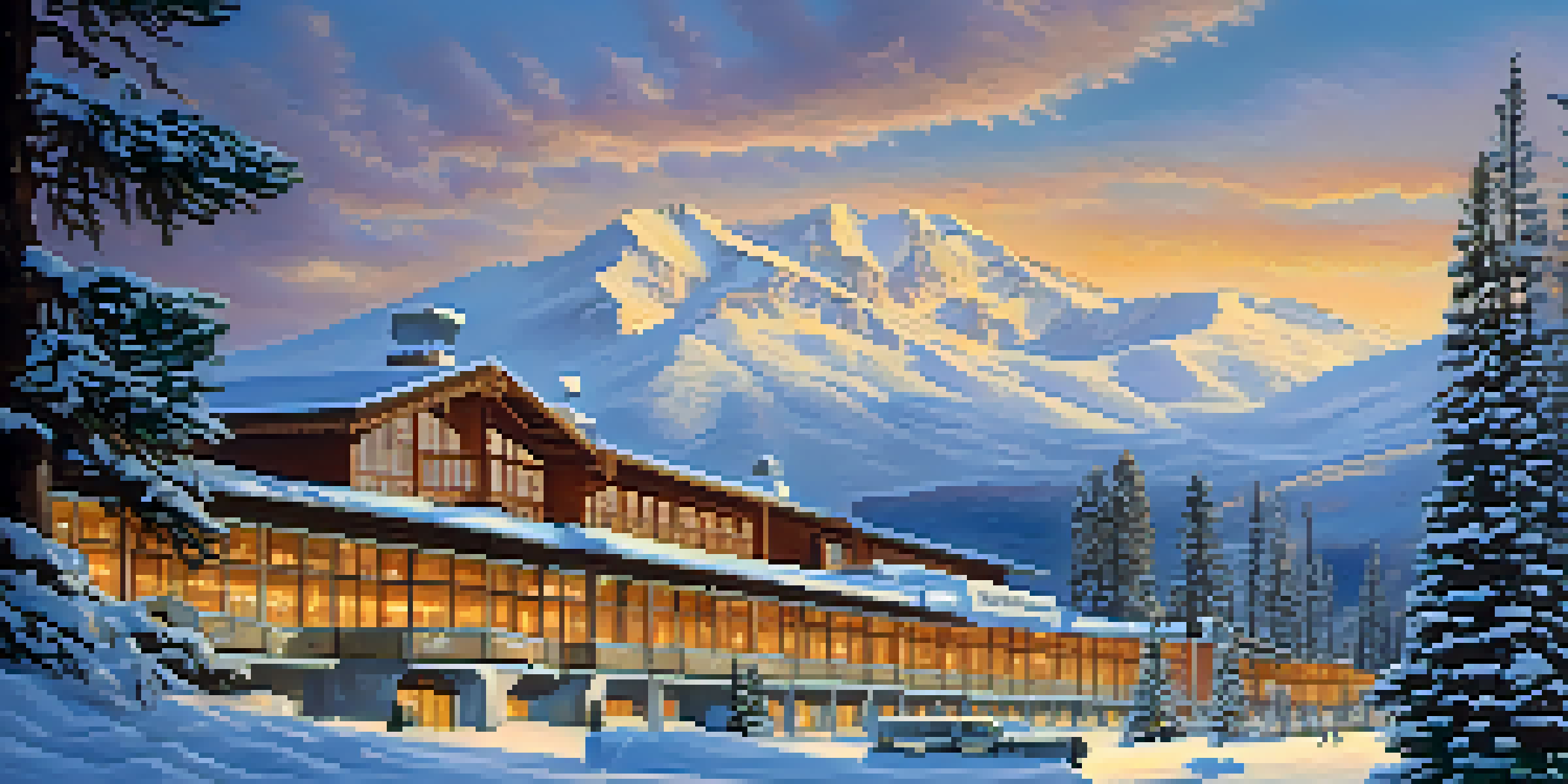 A winter landscape featuring the Sierra Nevada mountains, a cozy hotel with warm lights, and skiers on the slopes.