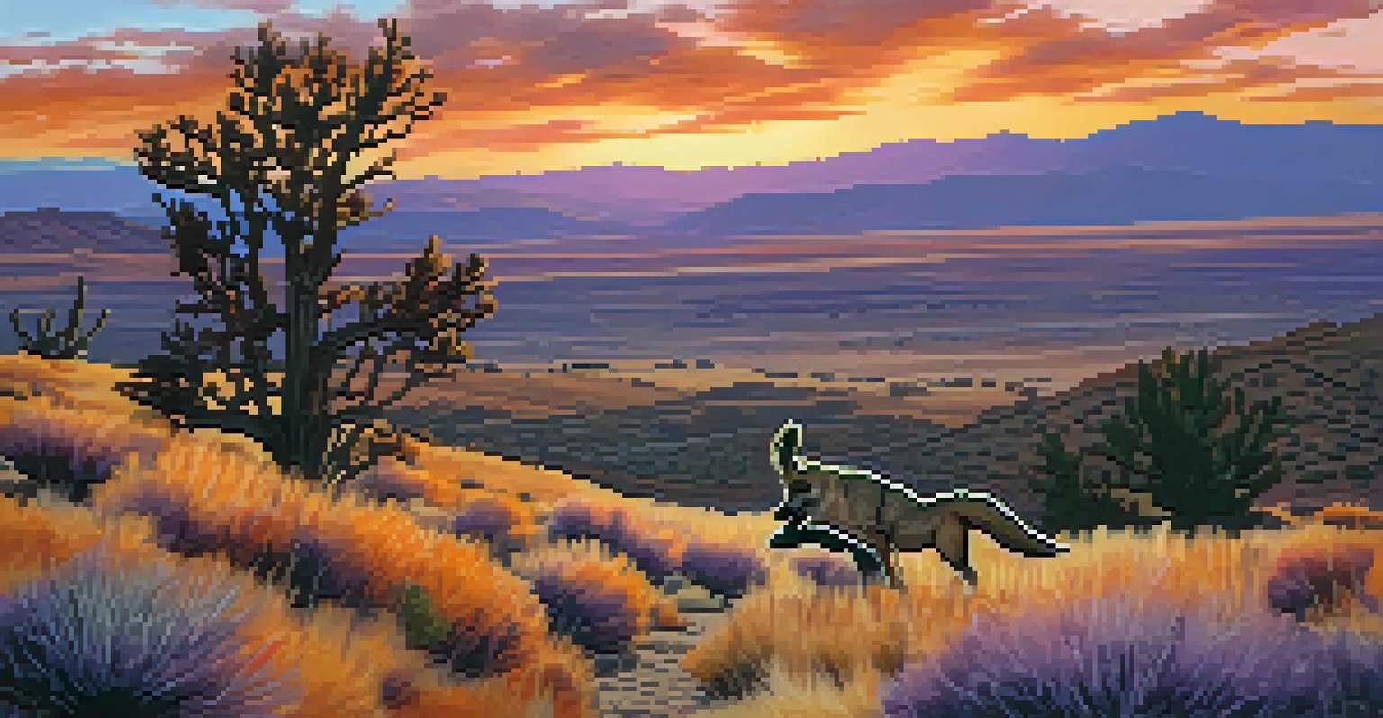 A high desert landscape near Reno with sagebrush, rock formations, and a coyote silhouetted against a colorful sunset sky.