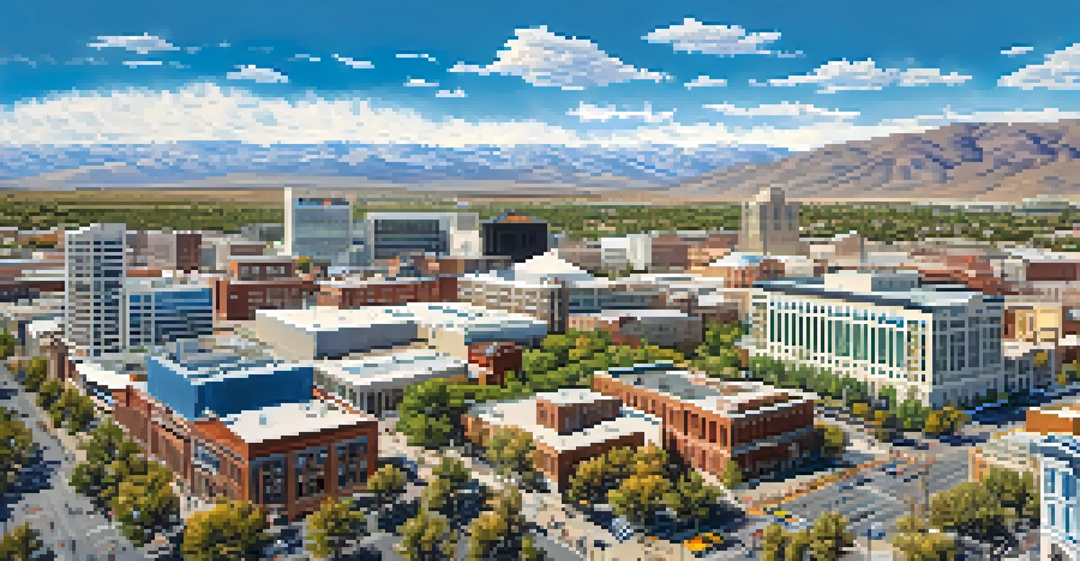 Aerial view of downtown Reno with visible local businesses and parks, highlighting the University of Nevada, Reno in the background.