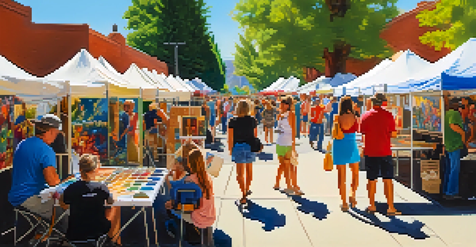 A lively outdoor art exhibition at the Reno Artown Festival with artists displaying their colorful artwork and families enjoying the event.