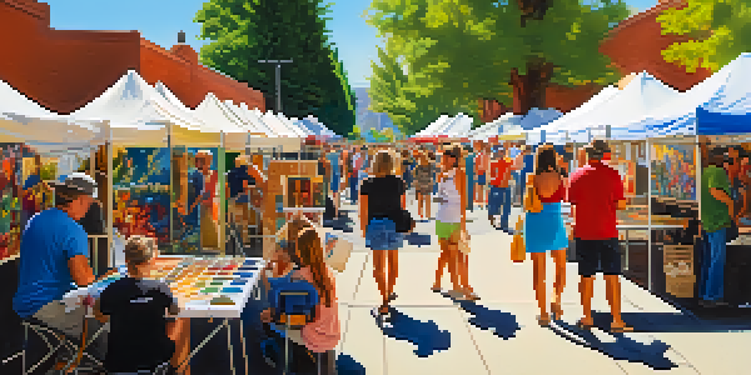 A lively outdoor art exhibition at the Reno Artown Festival with artists displaying their colorful artwork and families enjoying the event.