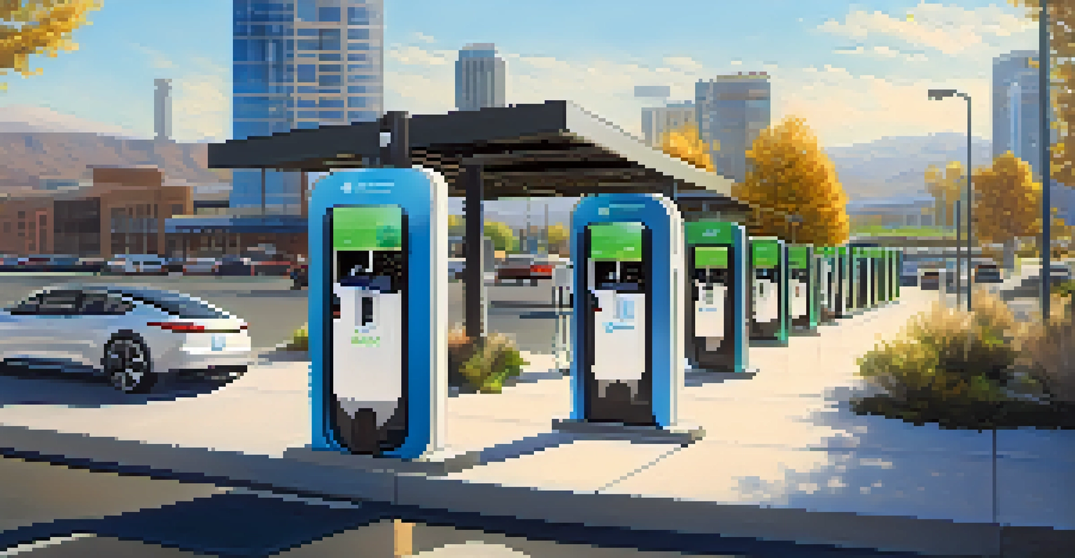 An electric vehicle charging station in Reno with solar panels and a modern city skyline in the background under bright sunlight.