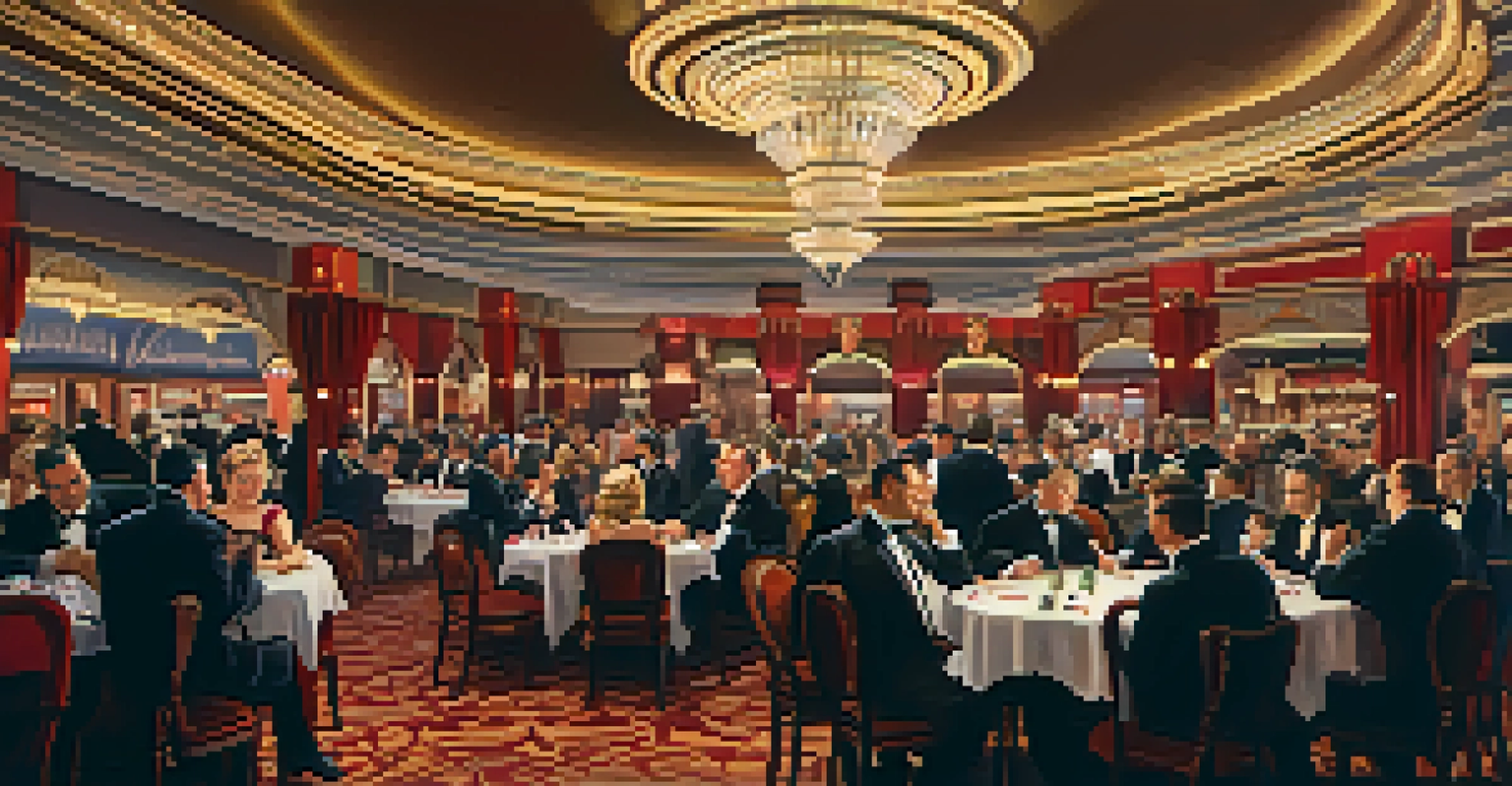 Interior of a 1930s casino in Reno with gamblers at tables, warm lighting and festive decorations.