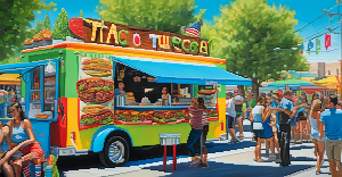 A colorful taco truck in Reno serving carne asada tacos with guacamole, with happy customers enjoying their food on a lively street.