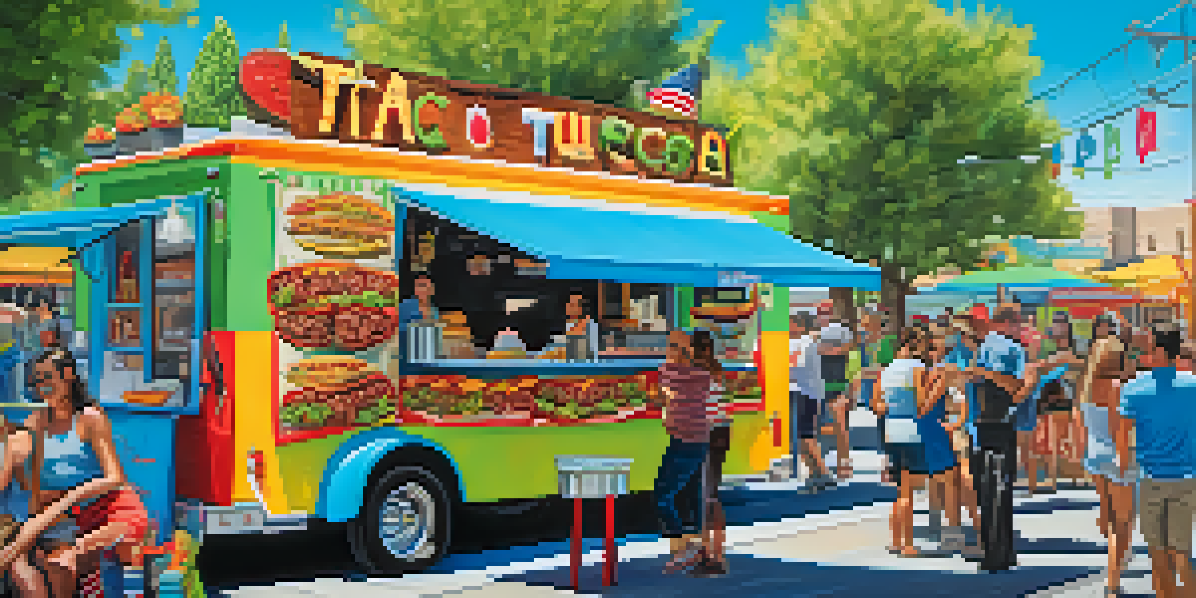 A colorful taco truck in Reno serving carne asada tacos with guacamole, with happy customers enjoying their food on a lively street.