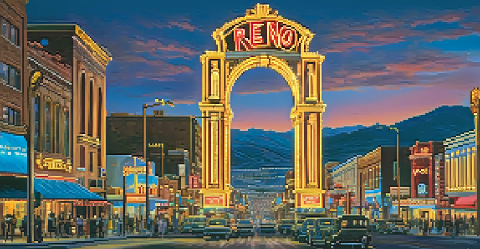A vibrant view of the Reno Arch illuminated at dusk, with people taking photos and vintage buildings in the background.