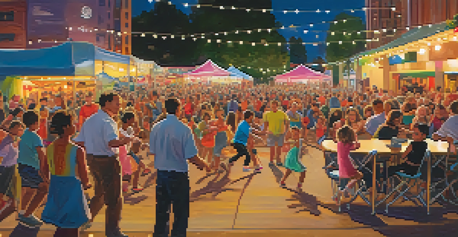 Families enjoying the Reno Music Festival, dancing and participating in workshops with colorful lights and food vendors in the background.